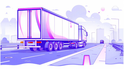 Semi-truck driving on a highway , simple line art style,