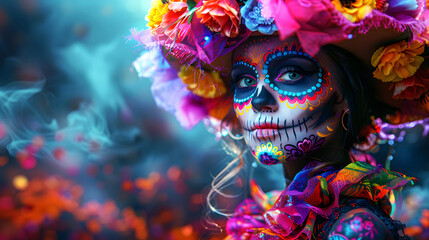 Portrait of woman with Mexican colorful Catrina style makeup. Traditional culture of Mexico. Day of the deads (D&iacute;a de Muertos) concept.