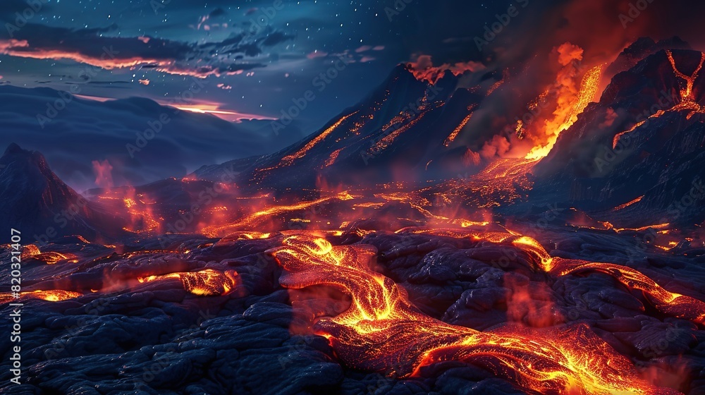 Wall mural lava flowing near volcano at night, glowing molten rocks, dramatic volcanic landscape, natural pheno - Wall murals