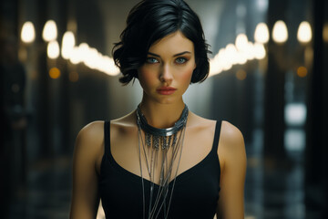 The woman is dressed in a black tank top and accessorized with a choker necklace. The outfit and accessories enhance her fashion design and style