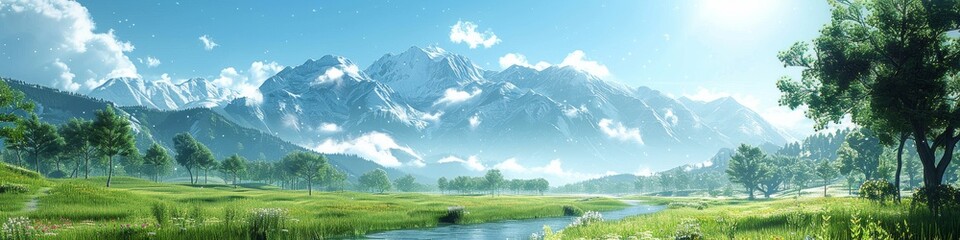 Stunning Scenic Landscape with Snow-Capped Mountains, Lush Green Field, Blue Sky, and Serene River Under Bright Sunlight