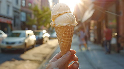 a hand holding an ice cream cone with a scoop of vanilla ice cream against the backdrop of a city street