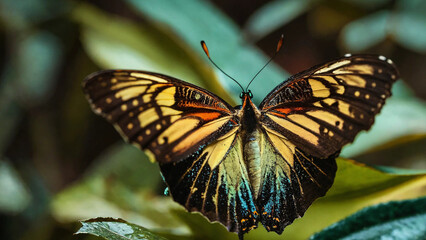 Butterfly with closed wings perched on a leaf 16:9 with copy space