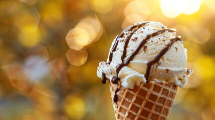 Vanilla ice cream scoop in waffle cone with chocolate drizzle on sunny background