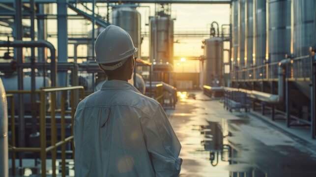 A factory worker monitoring the production of ethanol from corn biomass.