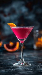 Vibrant cosmopolitan cocktail in classic martini glass with twist of orange peel