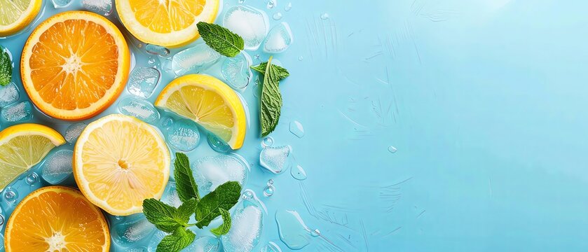 Photo of Top view, Slices orange and lemon with mint leaves in water on blue background, summer banner template for product presentation. Flat lay style.