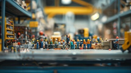 Miniature Toy Workers: Industrial Warehouse Scene