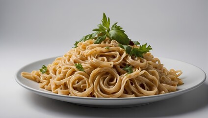 A plate of pasta topped with fresh parsley on a white background generative AI.