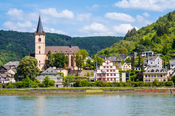 Lorch am Rhein town in Rhine Valley, Germany. Lorch village and St. Martin church seen from river...