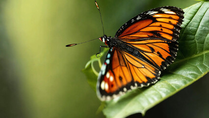 Fototapeta premium Butterfly with closed wings perched on a leaf 16:9 with copy space