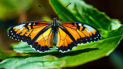 Butterfly with closed wings perched on a leaf 16:9 with copy space