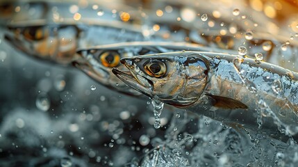 Sensational Sardine Showcase: Commercial Photography with Floating Sardines and Water Droplets