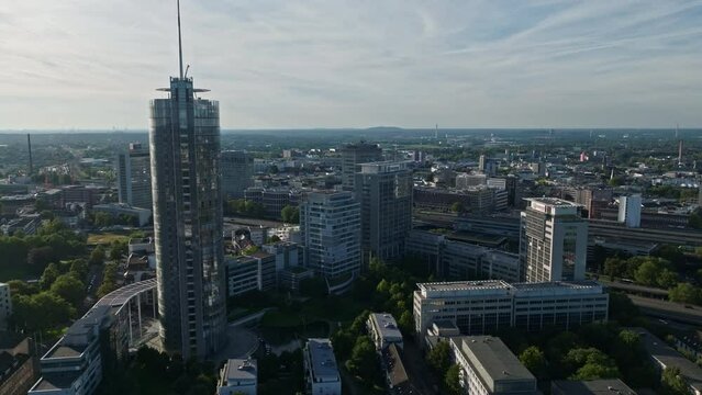 Aerial drone view of Westenergie Turm in Essen , Germany . The West Energy Tower was completed in 1996 as the RWE tower and the highest building in the Ruhr area .