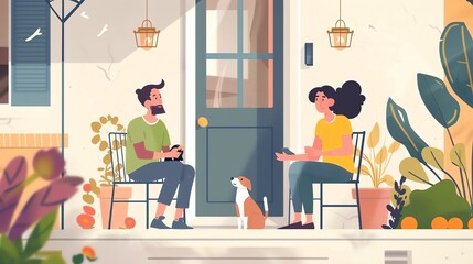 A man and a woman are sitting on chairs outside their house. They are talking and the dog is sitting between them.