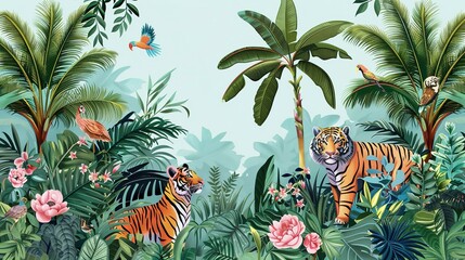 Exotic Jungle Wallpaper: Tropical Illustration with Palm Trees and Wild Animals