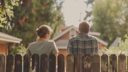 A young couple is standing in front of a wooden fence. They are looking at a house in the distance. - Powered by Adobe