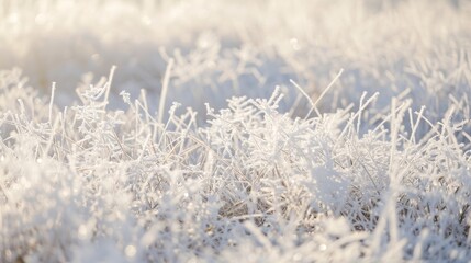 A patch of tall grass covered in stunning hoar frost resembling a field of glittering white diamonds.