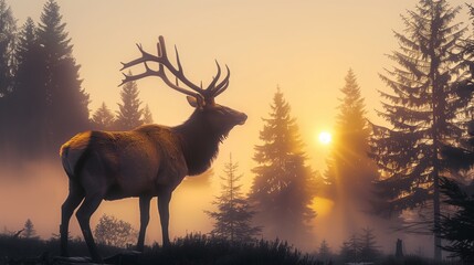 : A majestic elk standing proudly in a misty forest clearing at dawn, its impressive antlers silhouetted against the rising sun, with a backdrop of towering pine trees,