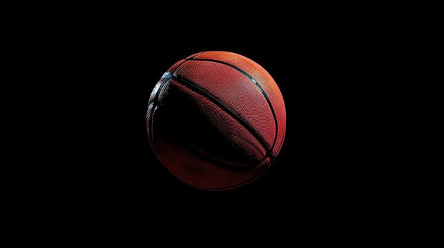 Basketball spinning in mid air on a black background. The ball is illuminated by a spotlight, and its surface is textured with realistic details.