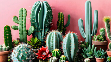 Prickly ornamental plants and a variety of cactus 16:9 with copyspace