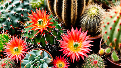 Prickly ornamental plants and a variety of cactus 16:9 with copyspace