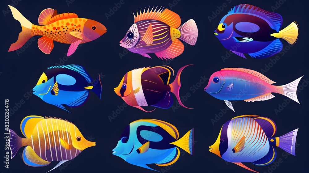 Wall mural Collection of tropical ocean bright fish isolated on background, marine life with colorful fishes, aquarium underwater world concept.