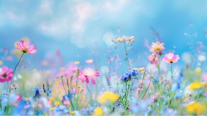 Colorful wildflowers in the meadow, blue sky background, beautiful spring landscape, sunny day, nature photography, closeup shot, bokeh effect, blurred focus on flowers, vibrant colors, natural light,