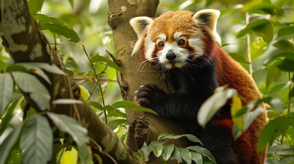 : A red panda climbing a tree in a dense forest, its bright fur contrasting against the green leaves, with a curious and playful expression on its face,