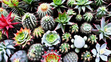 Prickly ornamental plants and a variety of cactus 16:9 with copyspace