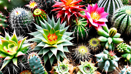 Prickly ornamental plants and a variety of cactus 16:9 with copyspace