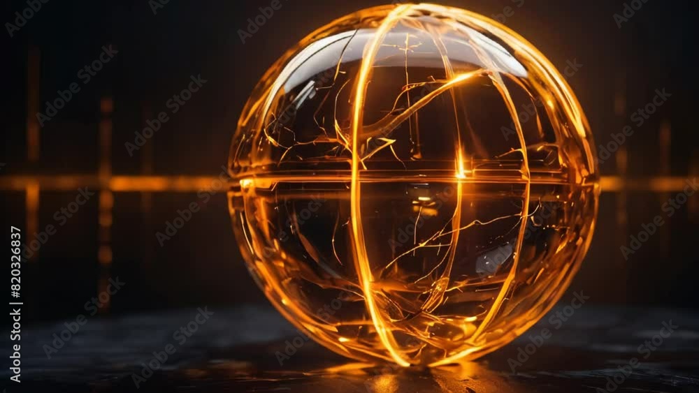 Poster abstract yellow background with golden wireframe round sphere with particles, space for text