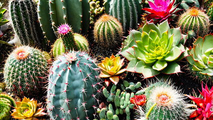 Prickly ornamental plants and a variety of cactus 16:9 with copyspace