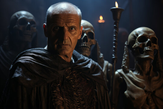 In a dark setting, a man stands amongst eerie skeletons holding candles, casting a haunting glow. This scene evokes mystery and anticipation, reminiscent of an event from an actionpacked story