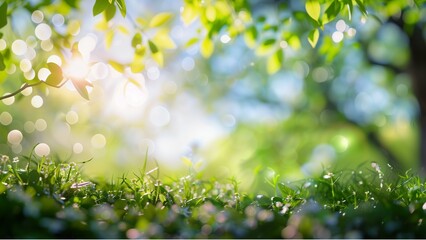 Obraz premium Beautiful blurred background of spring nature with green grass and trees on the meadow under a blue sky. Abstract bokeh in a garden or park on a sunny day