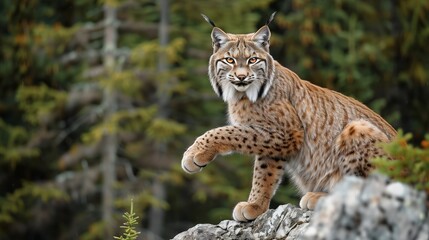 Obraz premium : A sleek and agile lynx poised on a rocky outcrop in a boreal forest, its tufted ears and piercing eyes focused intently, with a backdrop of dense pine trees,