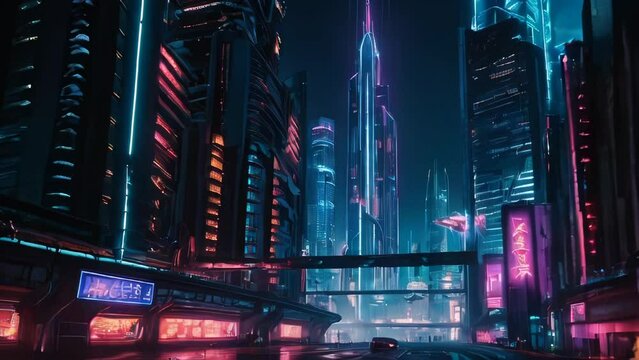 Futuristic city with skyscrapers and high-rise buildings, Spectacular nighttime in cyberpunk city of the futuristic fantasy world and neon lights