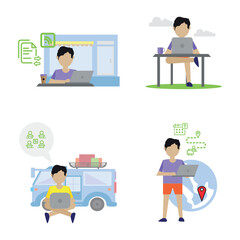 Digital Nomad, Remote worker, Work from Home flat illustration Set