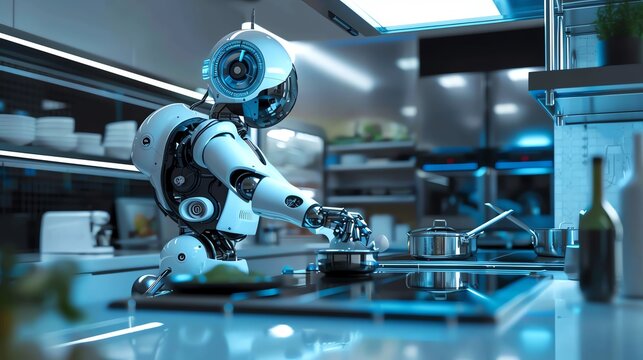 A futuristic robot cooking in modern kitchen, showcasing advanced technology and automation in the culinary world.