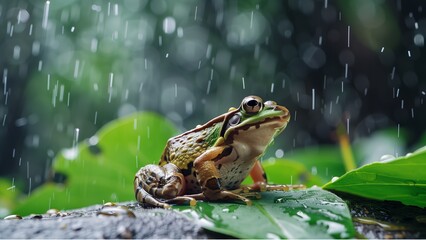 a small frog sitting on a leaf, it is raining heavily and water drops are falling from leaves in the background, a big tree trunk with green leaves