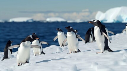 : A group of penguins waddling across an icy landscape, their black and white bodies standing out against the pristine snow and the deep blue of the ocean in the background,