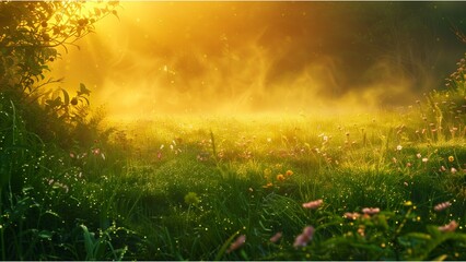 Sunrise over the meadow, vibrant and beautiful, golden sunlight casting long shadows across lush green grass with mist rising from dew-kissed flowers