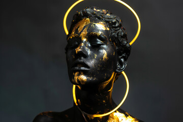 Obraz premium Golden Aura A portrait covered in black and gold makeup with a neon aura. Symbolizes art, elegance, and mystique. Perfect for campaigns focused on fashion, art, and luxury products