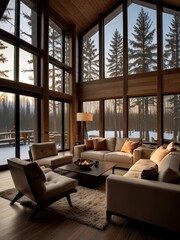 A double-height ceiling living room with a large, floor-to-ceiling window on one side log cabin.