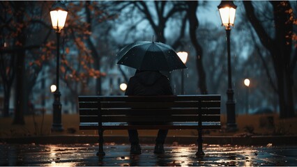 
A man sits on an empty bench in the park, holding his head under rain with umbrella, dark background, night city, street lamp light, cloudy sky, sad mood, loneliness
