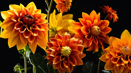 Colourful dahlia orange and yellow colour flowers and light designs black background high-quality studio photography artificial light 16:9 with copyspace