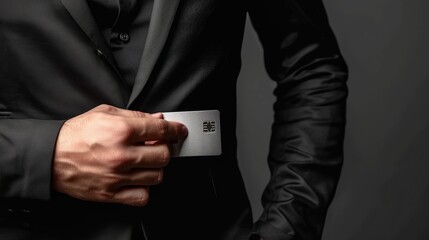 A person holding a credit card against a dark backgroun