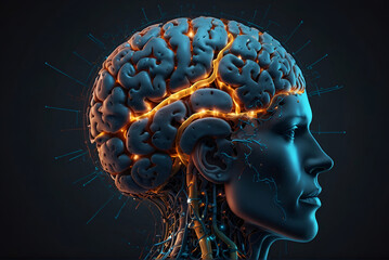 Brain Nervous System concept. Thinking in a human head. Science for study and learn. Artificial Intelligence and Machine learning, AI Technology, Thinking Process concept.