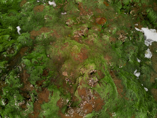 View from above of field of earth and volcanic rock covered with moss. iceland