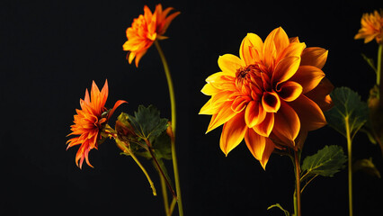 Colourful dahlia orange and yellow colour flowers and light designs black background high-quality studio photography artificial light 16:9 with copyspace